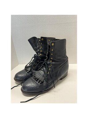 Justin Vintage Black Pebble Comb Leather Lace Up Packer Boots Mens 8.5 E USA
